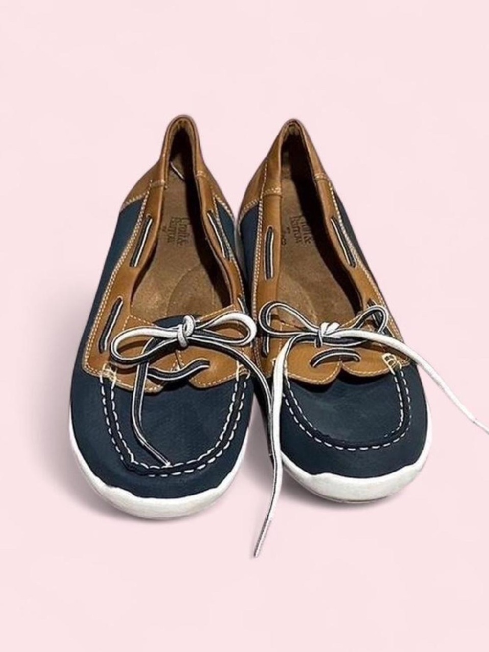 navy and tan memory foam maryjane slip-on ballet shoe